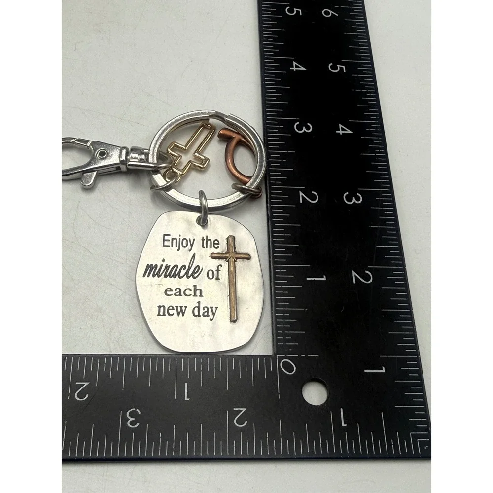 Religious Mixed Metal Keychain Enjoy the Miracle Each New Day Cross Fish Charms
